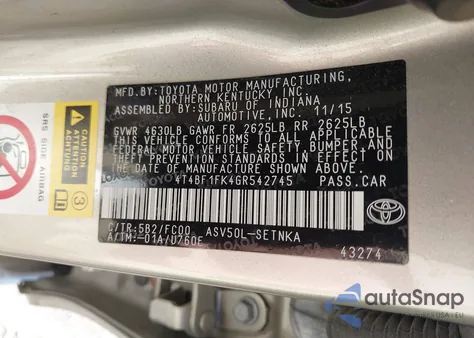 2016 Toyota Camry Le из США, поврежденный, VIN 4T4BF1FK4GR542745